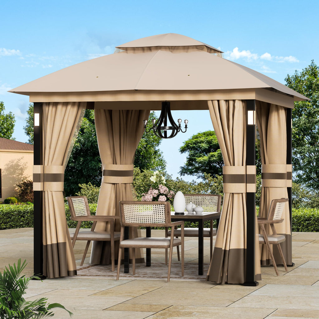 Khaki 8'x8' Outdoor Gazebo with LED Lights and Netting G40486