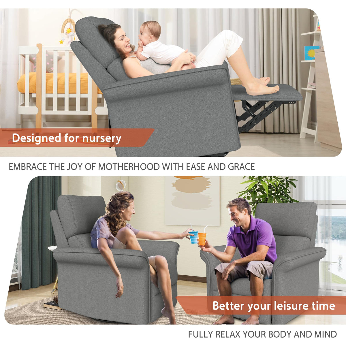 Velvet Grey Swivel Rocker Recliner Chair V884168