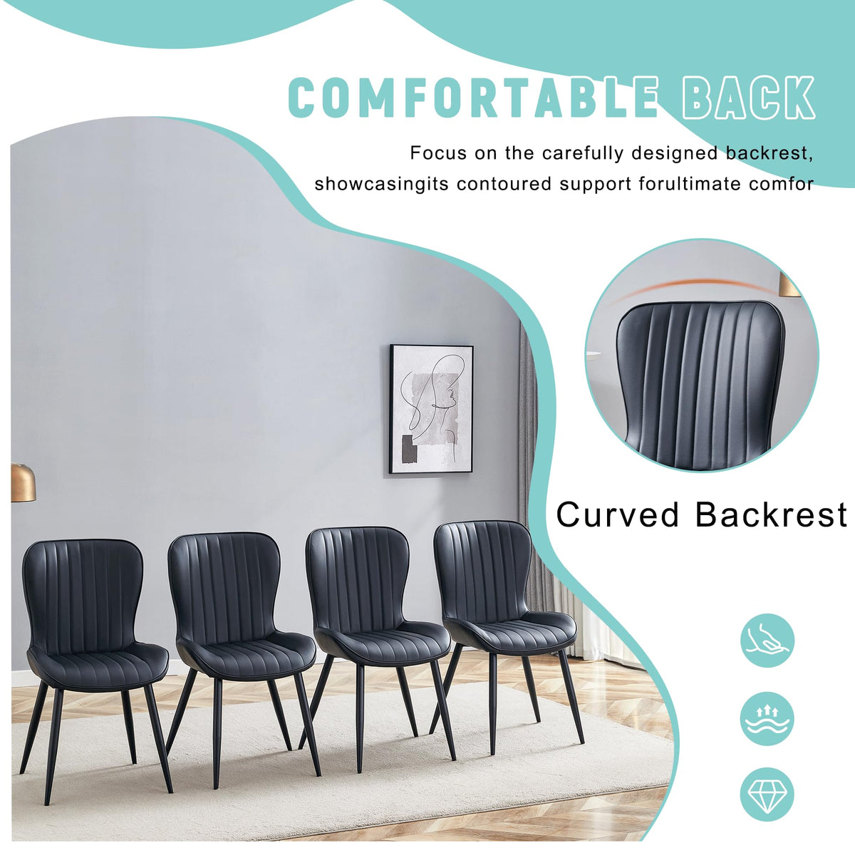 Black Dining Chairs Set of 4 PU Leather Metal Leg Q25082