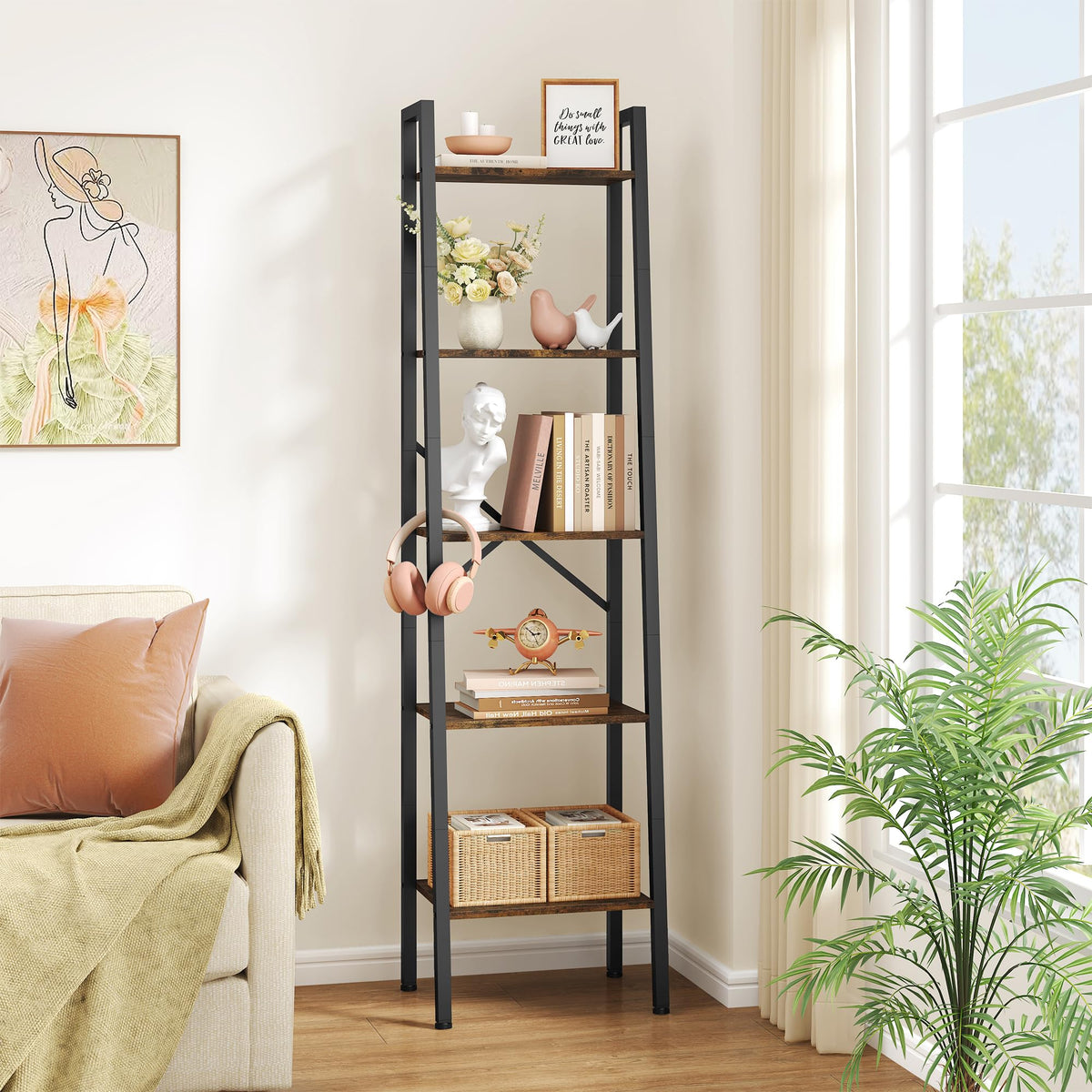 5-Tier Rustic Brown Metal Ladder Bookshelf U34202