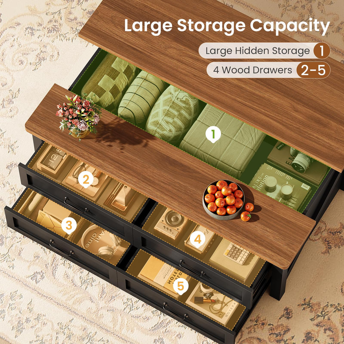47.2" Lift Top Coffee Table with Storage, 4 Wood Drawers M3600