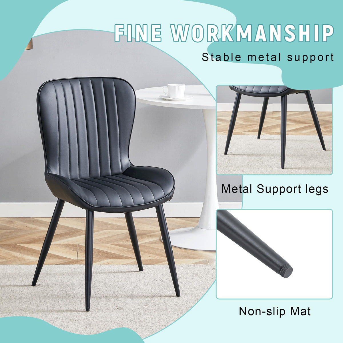 Black Dining Chairs Set of 4 PU Leather Metal Leg Q25082
