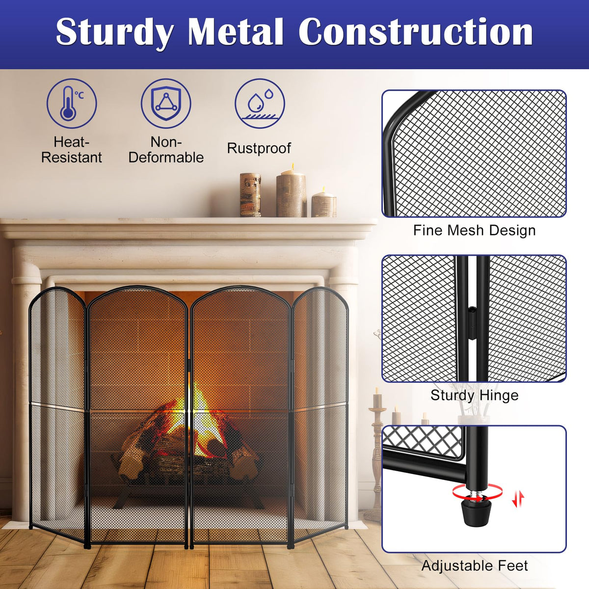 Black Metal Foldable 4-Panel Fireplace Screen G1761