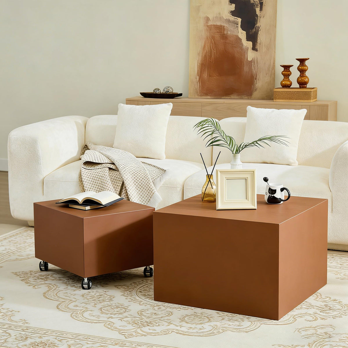 Brown Rolling Leather Coffee Table Set of 2 E140