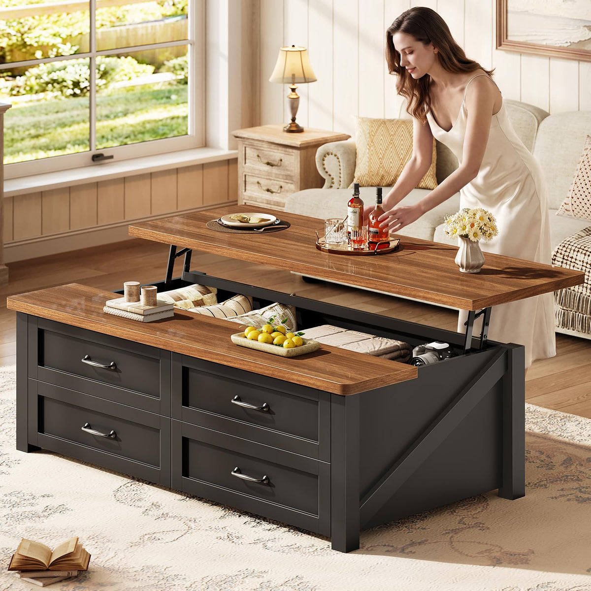 47.2" Lift Top Coffee Table with Storage, 4 Wood Drawers M3600