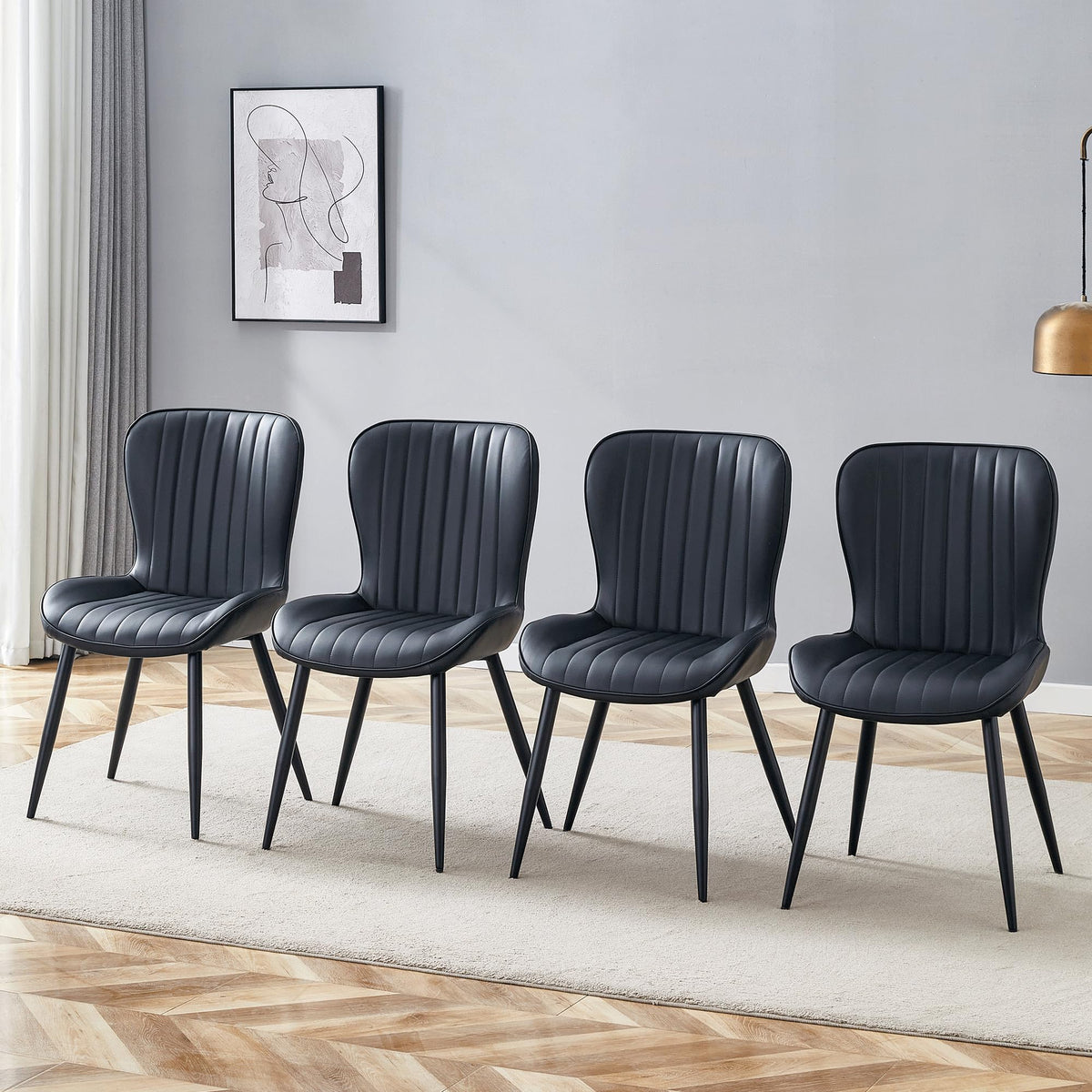 Black Dining Chairs Set of 4 PU Leather Metal Leg Q25082