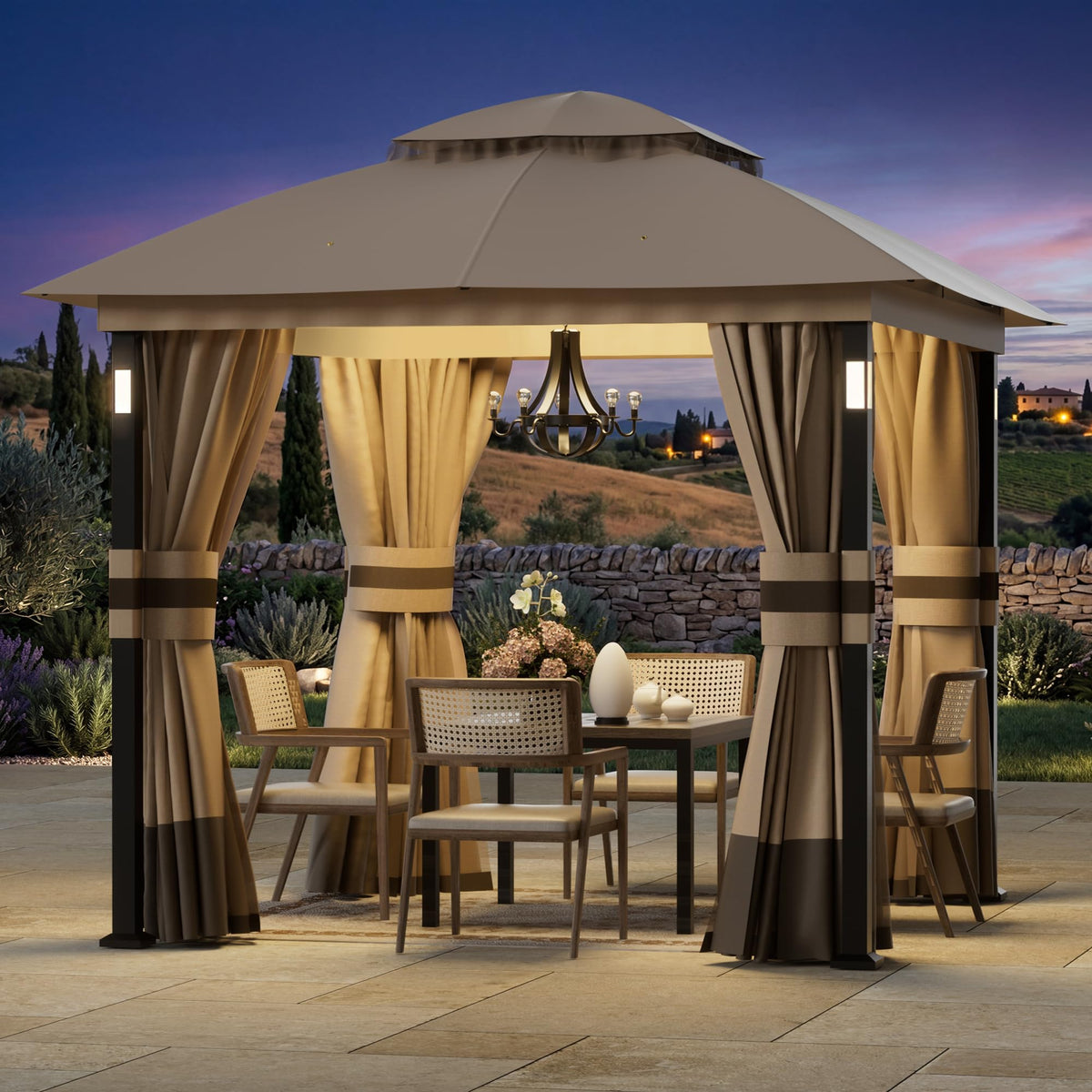 Khaki 8'x8' Outdoor Gazebo with LED Lights and Netting G40486