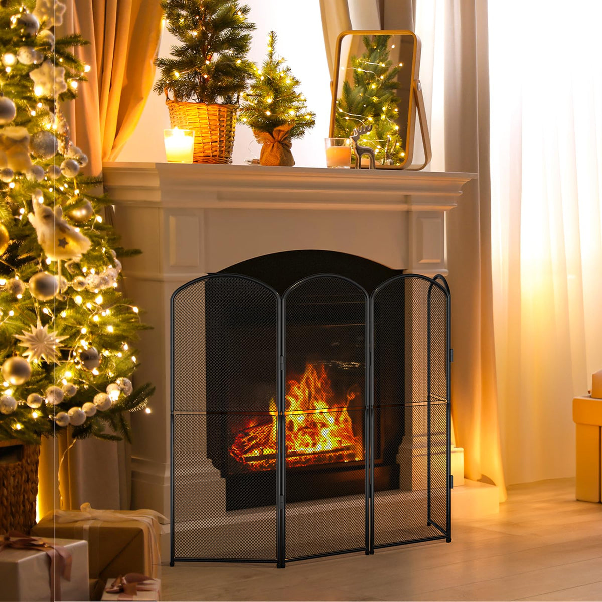 Black Metal Foldable 4-Panel Fireplace Screen G1761