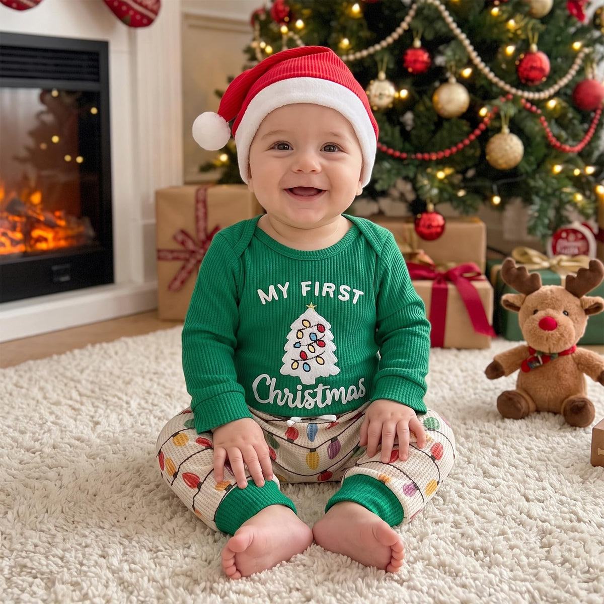 Baby Boy Christmas Outfit Romper Pants Hat G51681