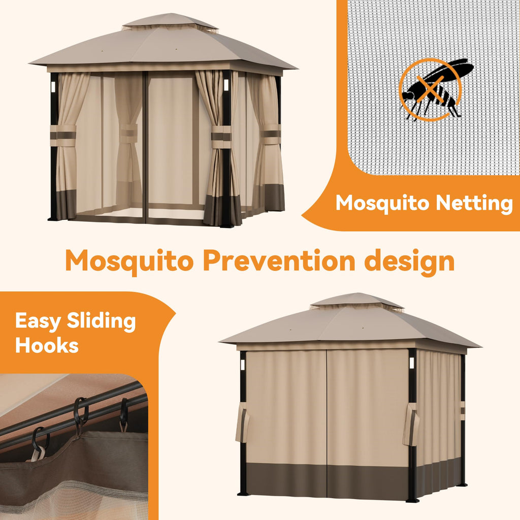 Khaki 8'x8' Outdoor Gazebo with LED Lights and Netting G40486