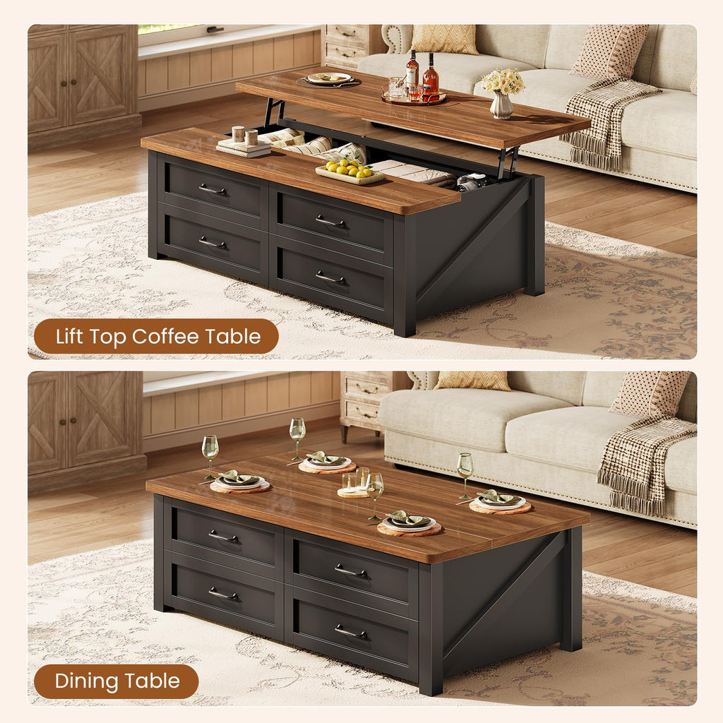 47.2" Lift Top Coffee Table with Storage, 4 Wood Drawers M3600