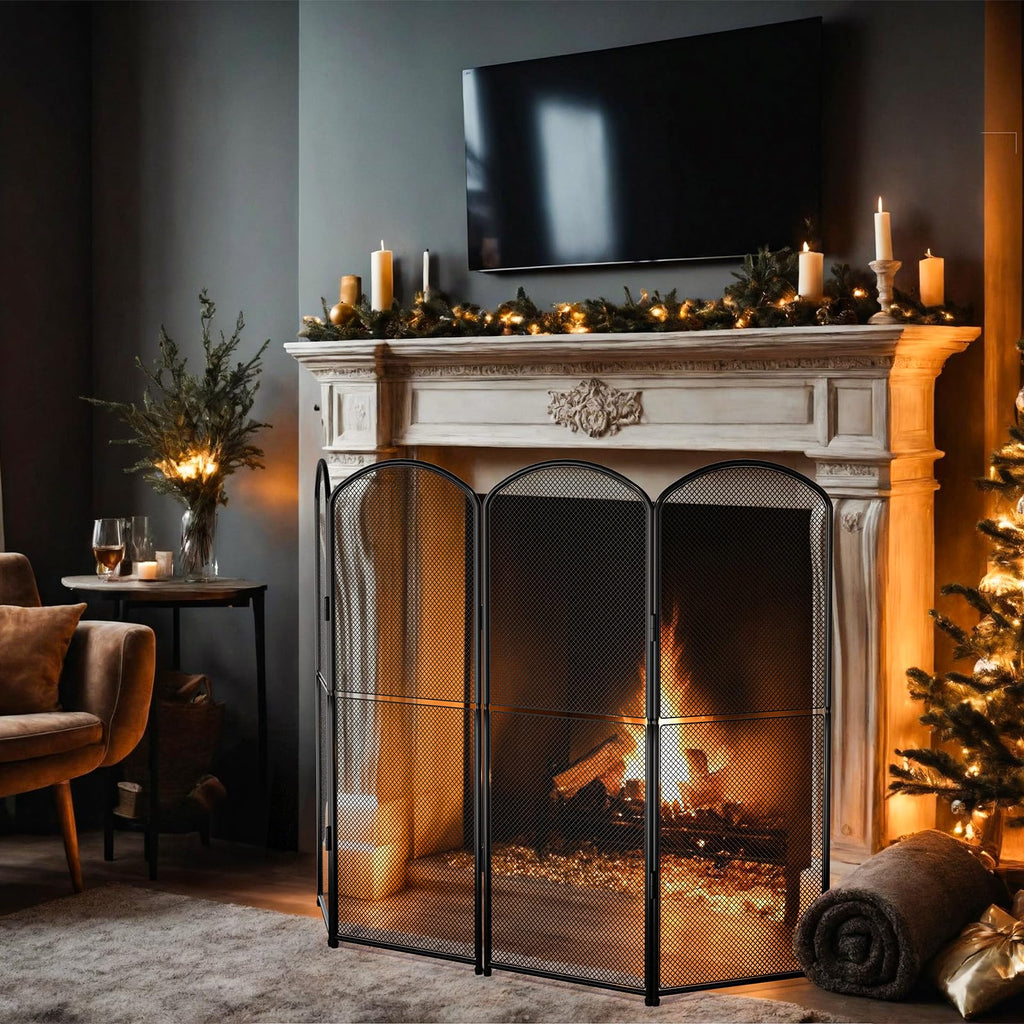 Black Metal Foldable 4-Panel Fireplace Screen G1761
