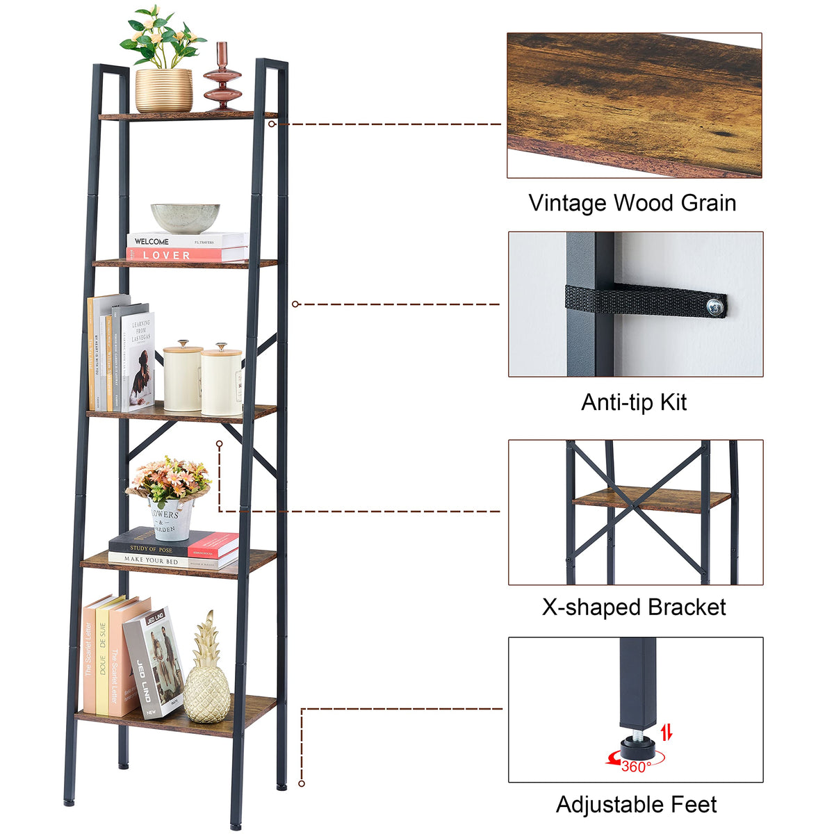 5-Tier Rustic Brown Metal Ladder Bookshelf U34202