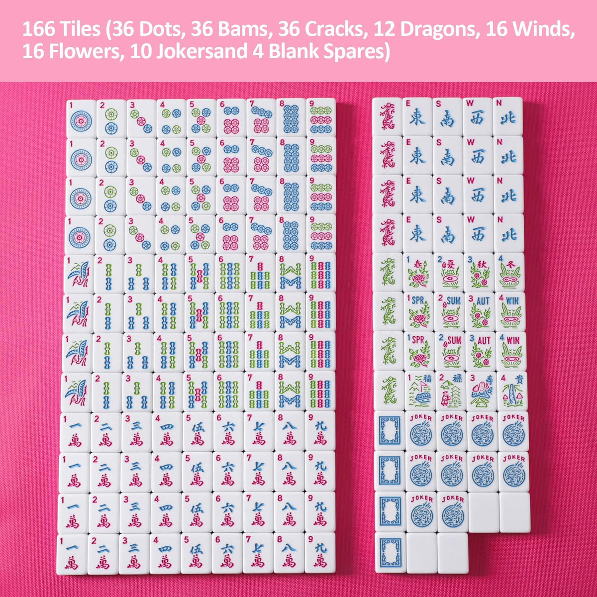 American Mahjong Game Set, 166 Pink Tiles, 4 All-in-One Color Rack/Pushers & Drawstring Bag W3149