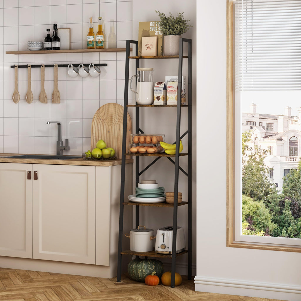 5-Tier Rustic Brown Metal Ladder Bookshelf U34202
