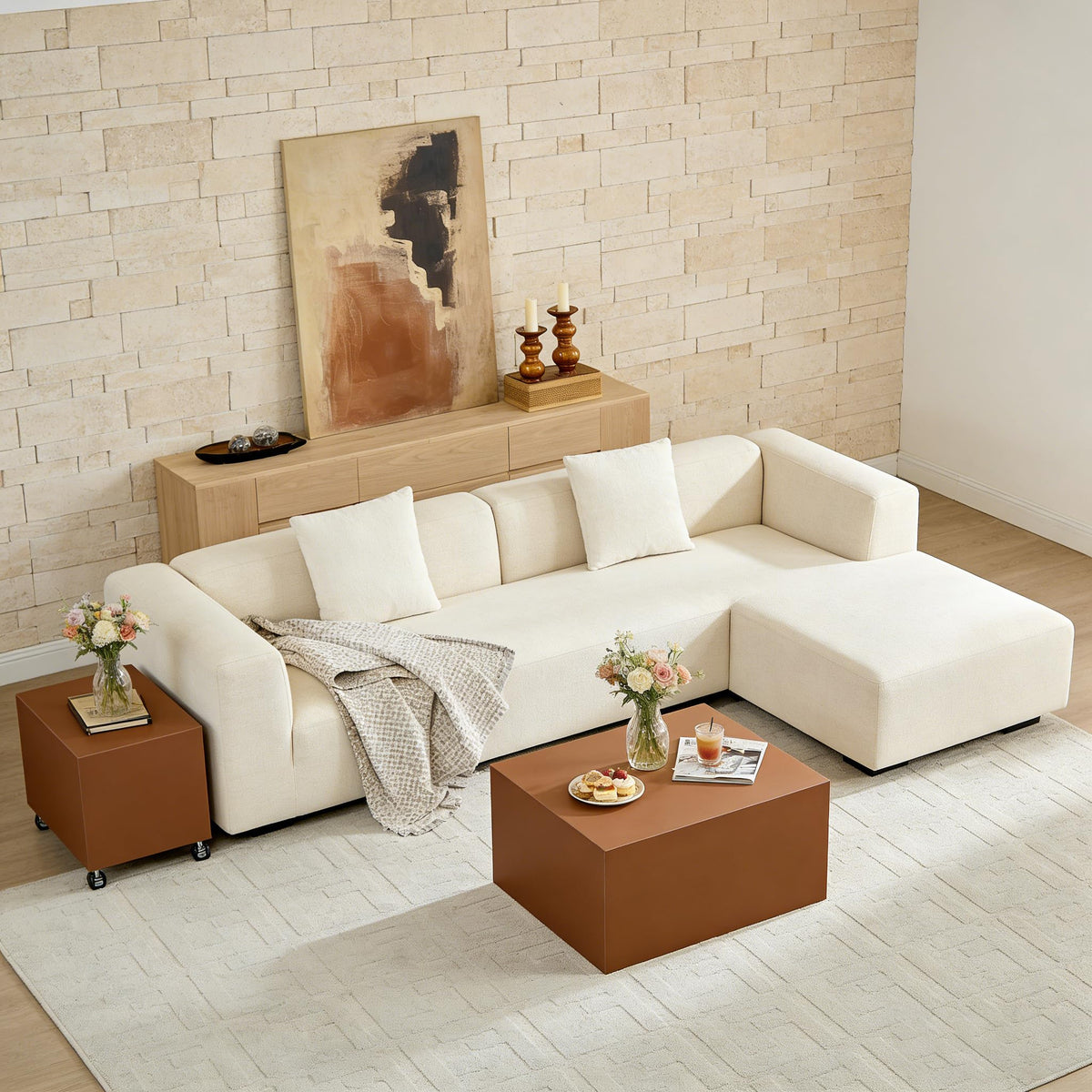 Brown Rolling Leather Coffee Table Set of 2 E140
