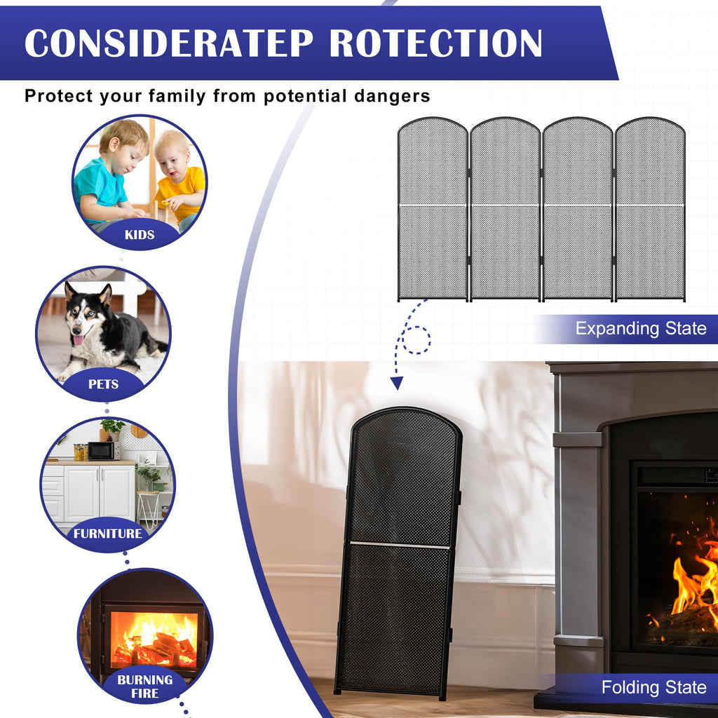 Black Metal Foldable 4-Panel Fireplace Screen G1761