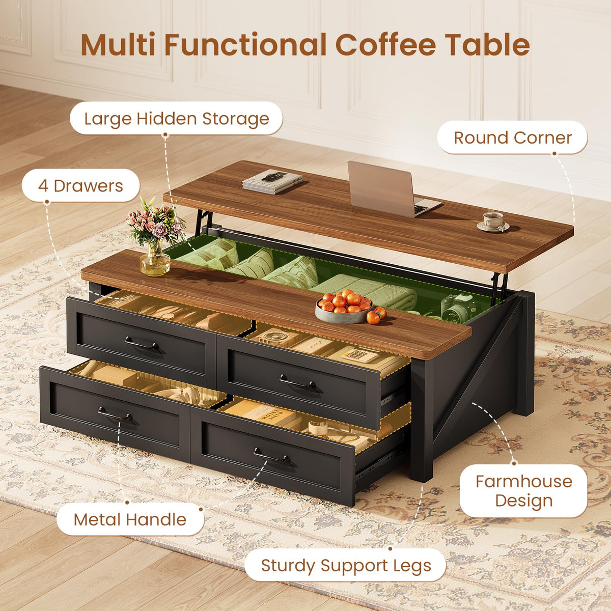 47.2" Lift Top Coffee Table with Storage, 4 Wood Drawers M3600