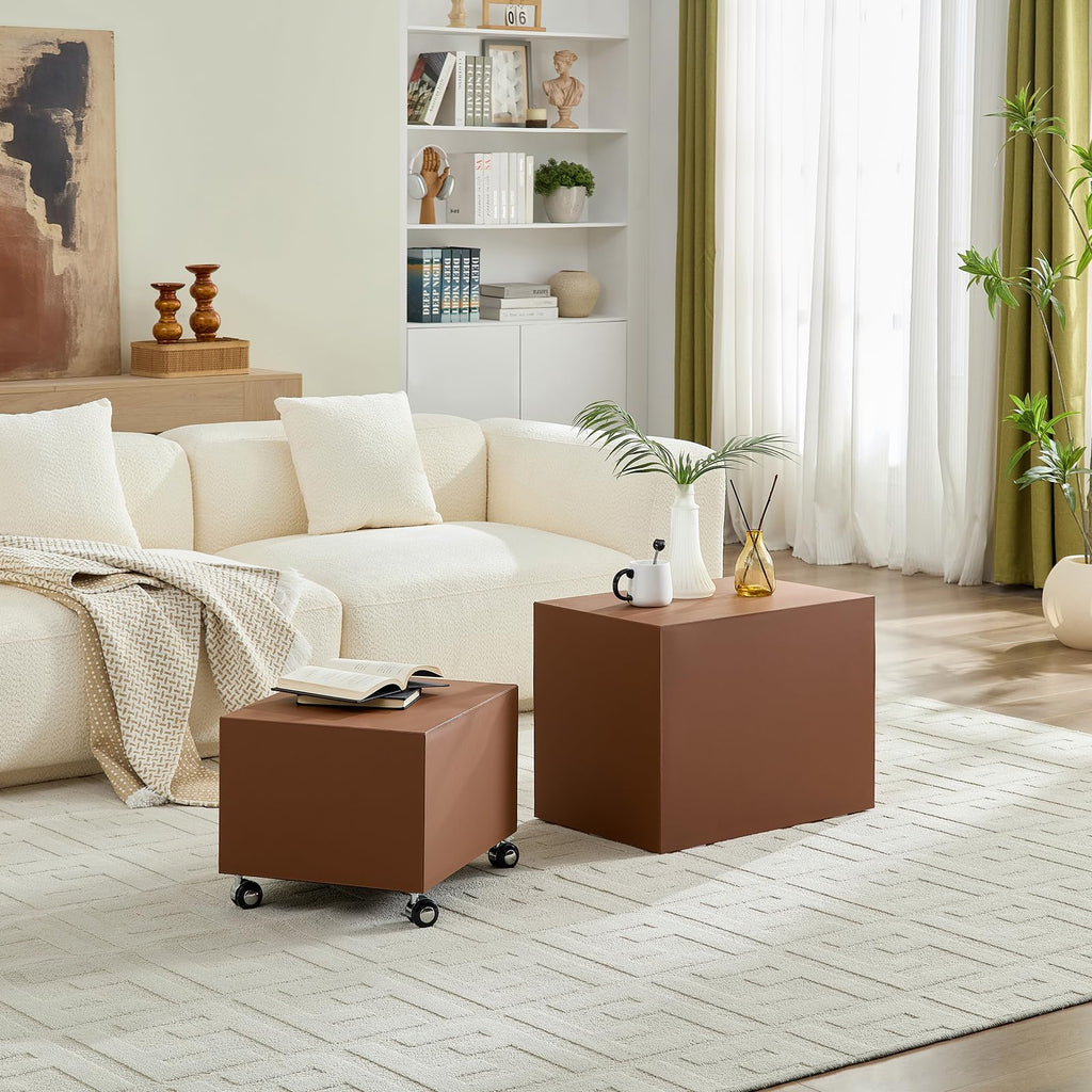 Brown Rolling Leather Coffee Table Set of 2 E140