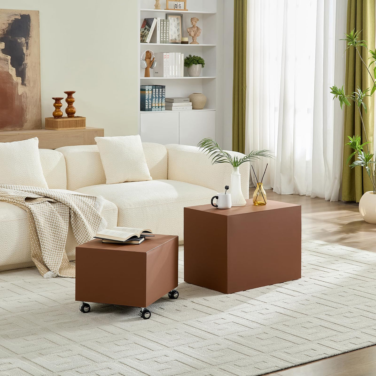 Brown Rolling Leather Coffee Table Set of 2 E140