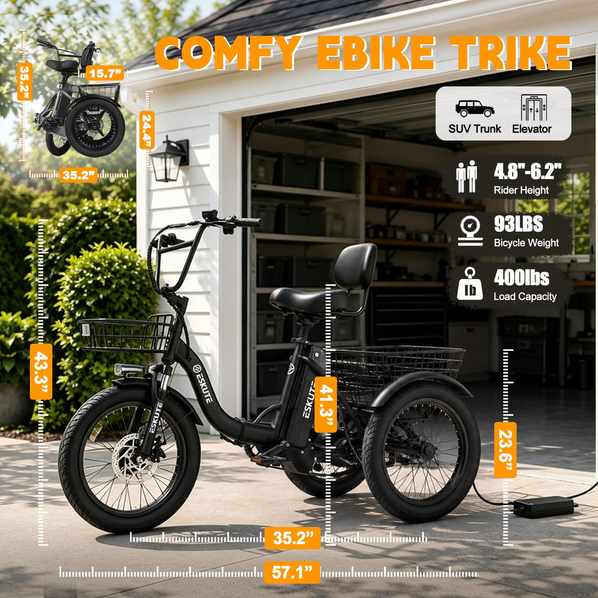 Electric Tricycle for Adults, 1200W Folding E-Trike, 48V 13Ah Battery, 18" Fat Tire 3-Wheel Electric Bike O791526