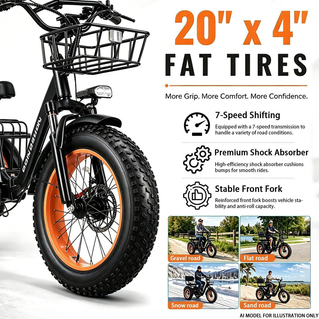 20” Fat Tire Folding 7-Speed Electric Tricycle with Rear Seat R91768