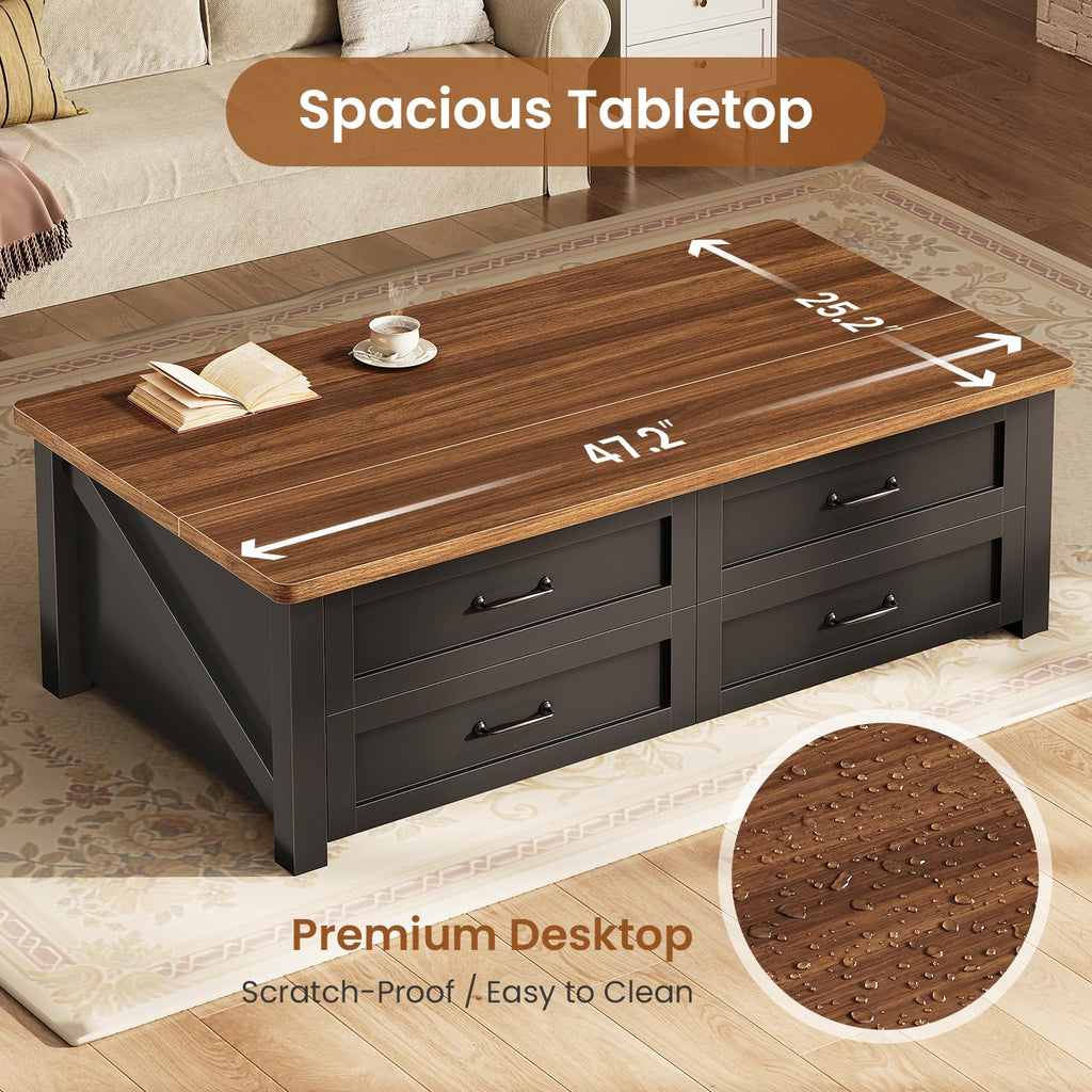47.2" Lift Top Coffee Table with Storage, 4 Wood Drawers M3600
