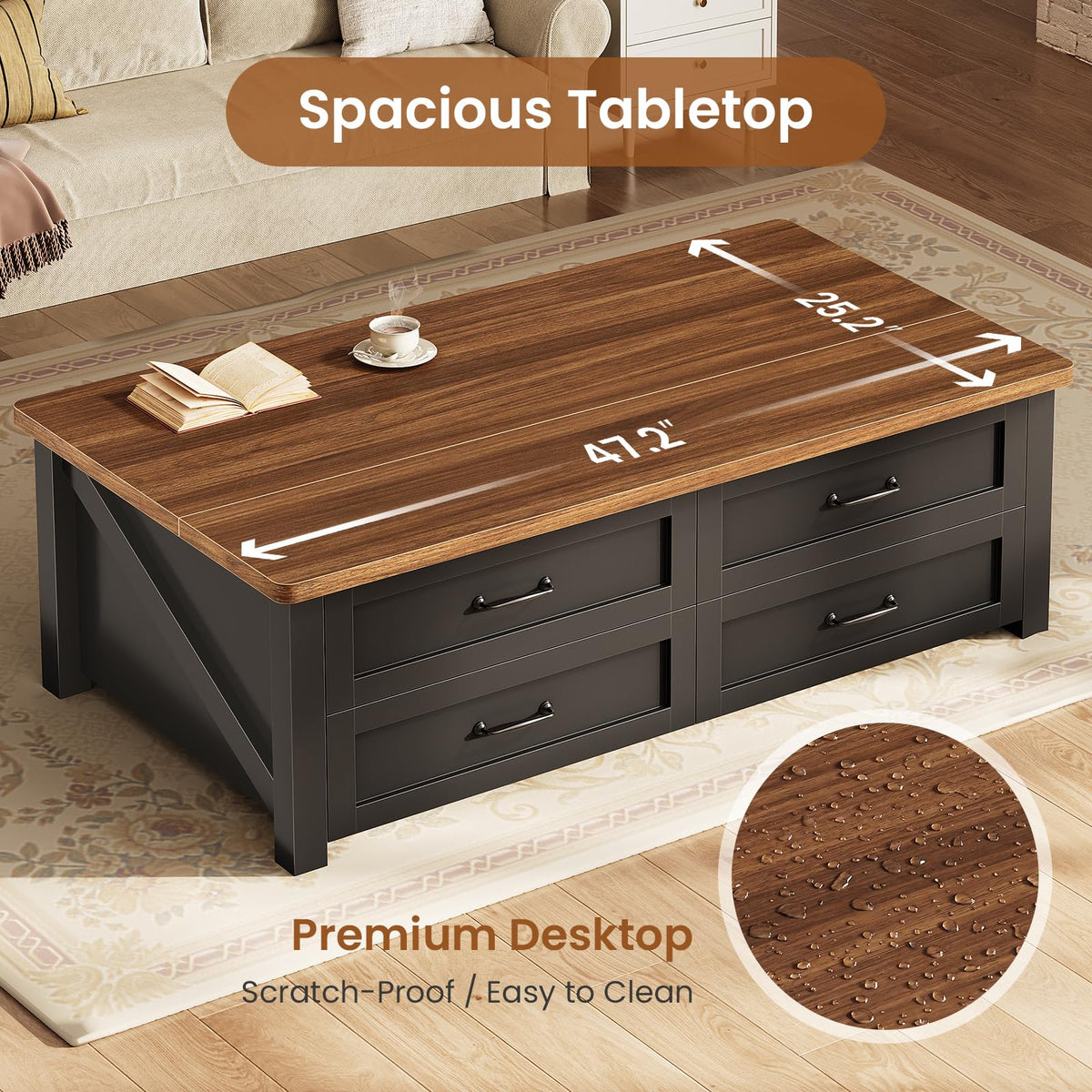 47.2" Lift Top Coffee Table with Storage, 4 Wood Drawers M3600