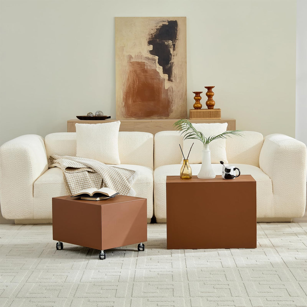 Brown Rolling Leather Coffee Table Set of 2 E140