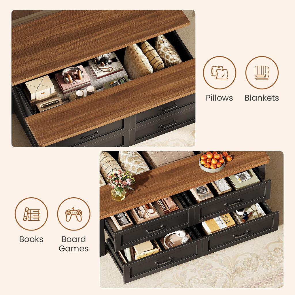 47.2" Lift Top Coffee Table with Storage, 4 Wood Drawers M3600