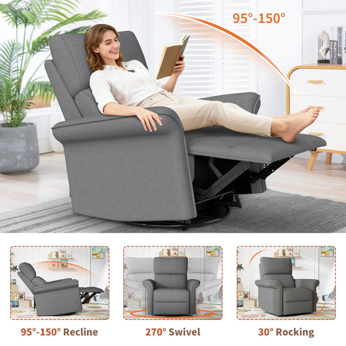 Velvet Grey Swivel Rocker Recliner Chair V884168