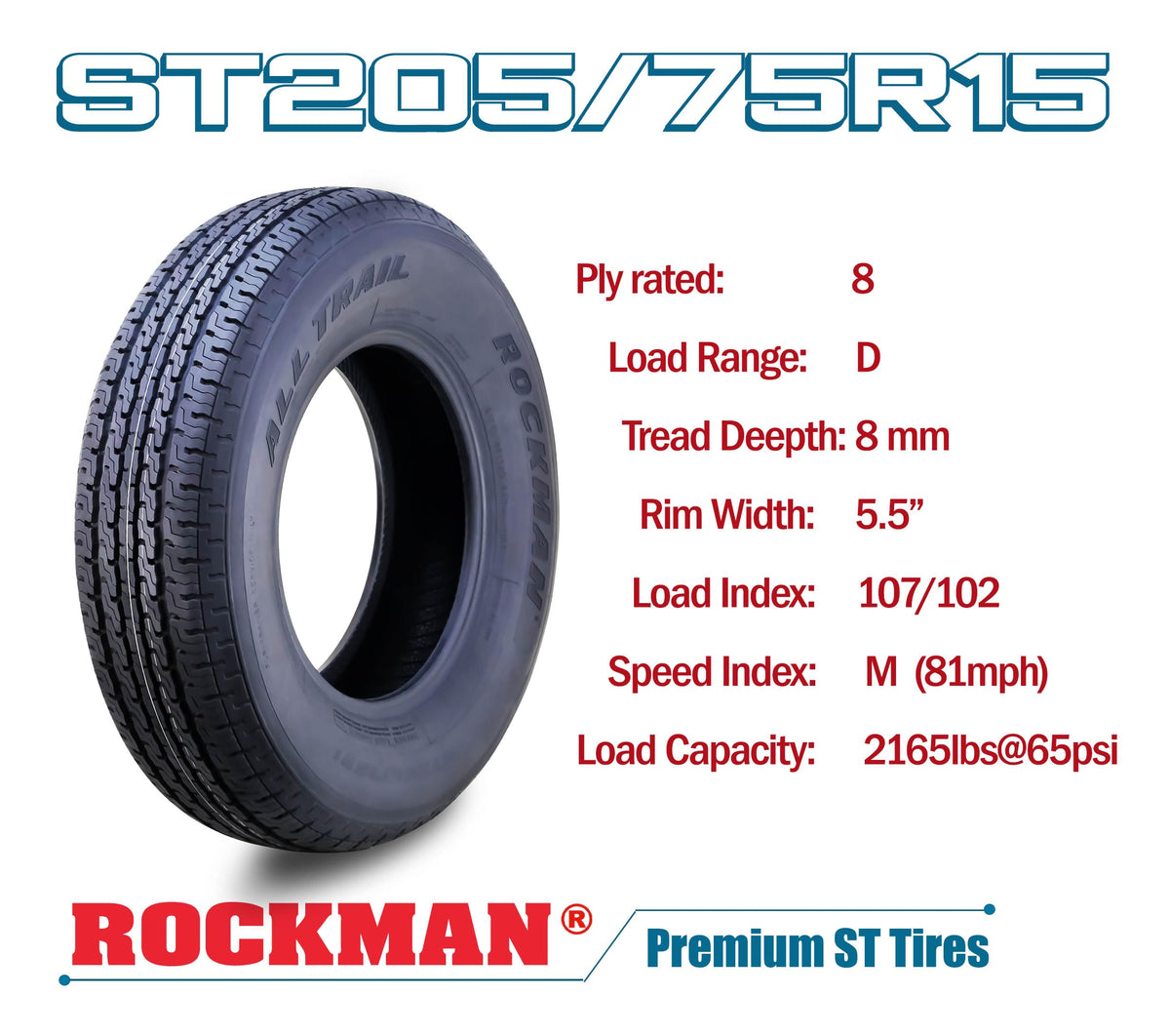 Trailer Tire Wheel ST205/75R15 8-Ply Silver Rim G394