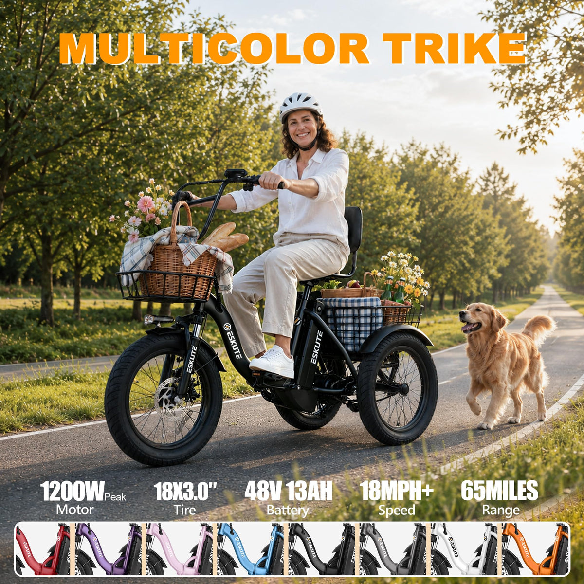 Electric Tricycle for Adults, 1200W Folding E-Trike, 48V 13Ah Battery, 18" Fat Tire 3-Wheel Electric Bike O791526