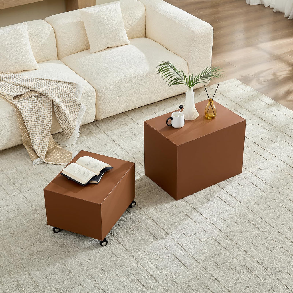 Brown Rolling Leather Coffee Table Set of 2 E140