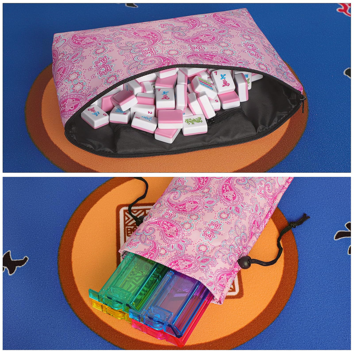 American Mahjong Game Set, 166 Pink Tiles, 4 All-in-One Color Rack/Pushers & Drawstring Bag W3149