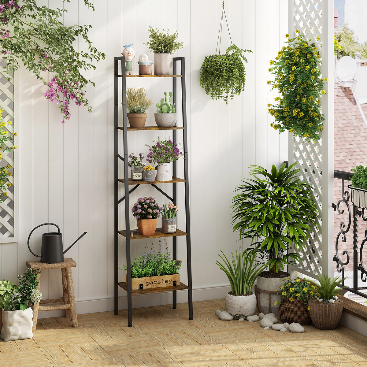 5-Tier Rustic Brown Metal Ladder Bookshelf U34202